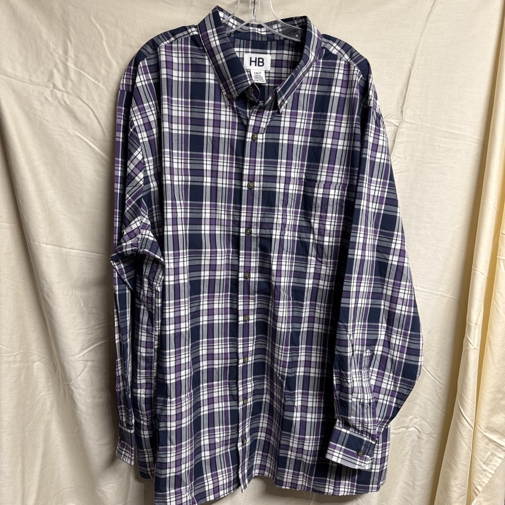 HB Shirt Men's 2XLT Purple Navy Plaid Long Sleeve Harbor Bay Square Cut NWT